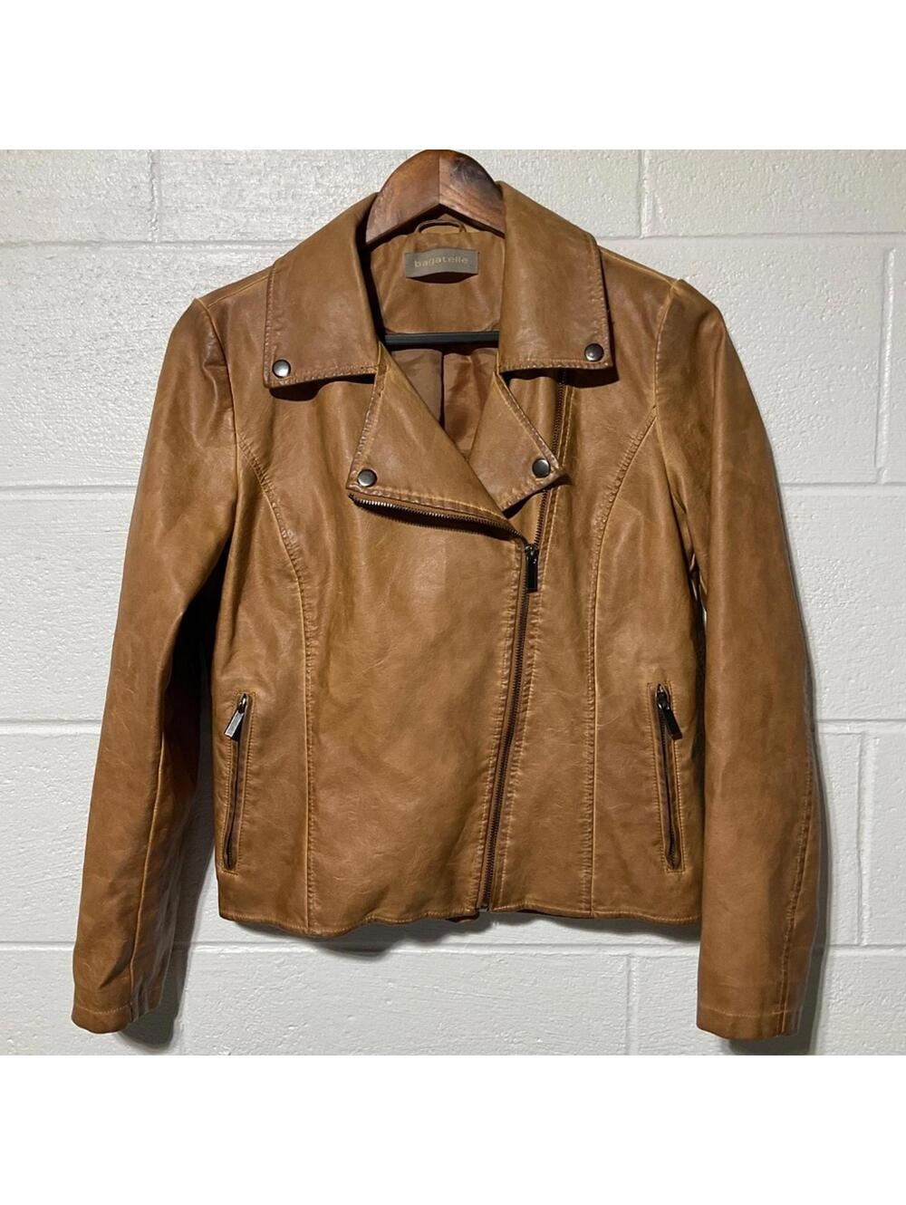 Bagatelle Women's Small Moto Jacket Cognac Tan Western Faux Leather Asymmetrical